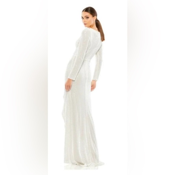 Mac Duggal 26395 NWT White Faux Wrap Long Sleeve Sequin Gown - Picture 2 of 6